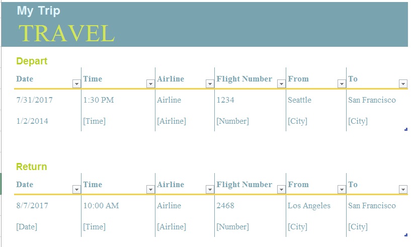 trip itinerary template excel