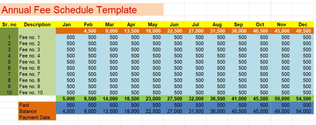 Annual School Fee Schedule Template