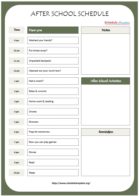 Middle Schoolers After School Schedule Template